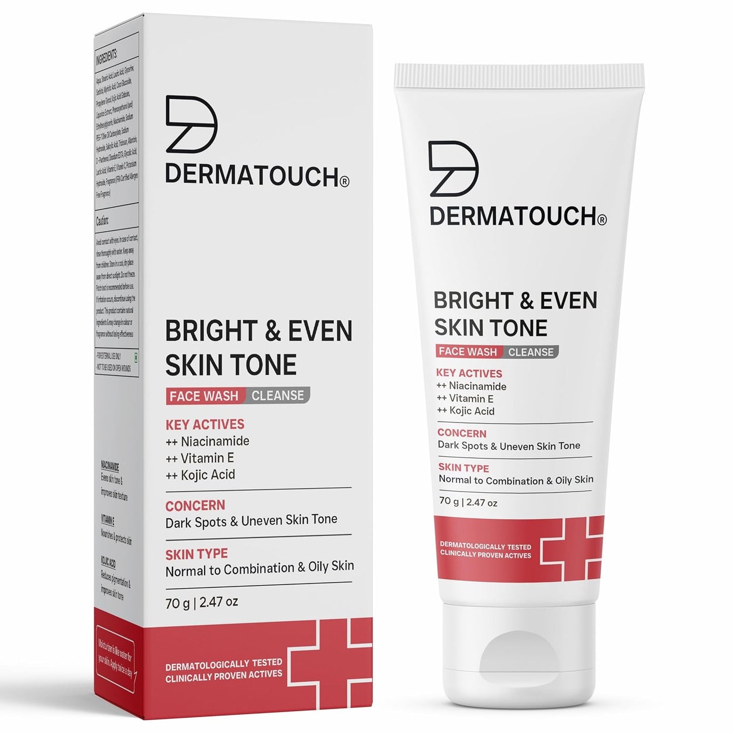 Dermaluxe Bright & Even Tone Face Wash with Niacinamide, Vitamin E & Kojic Acid | Gentle Daily Cleanser for Tan, Pigmentation & Dark Spots - 70g