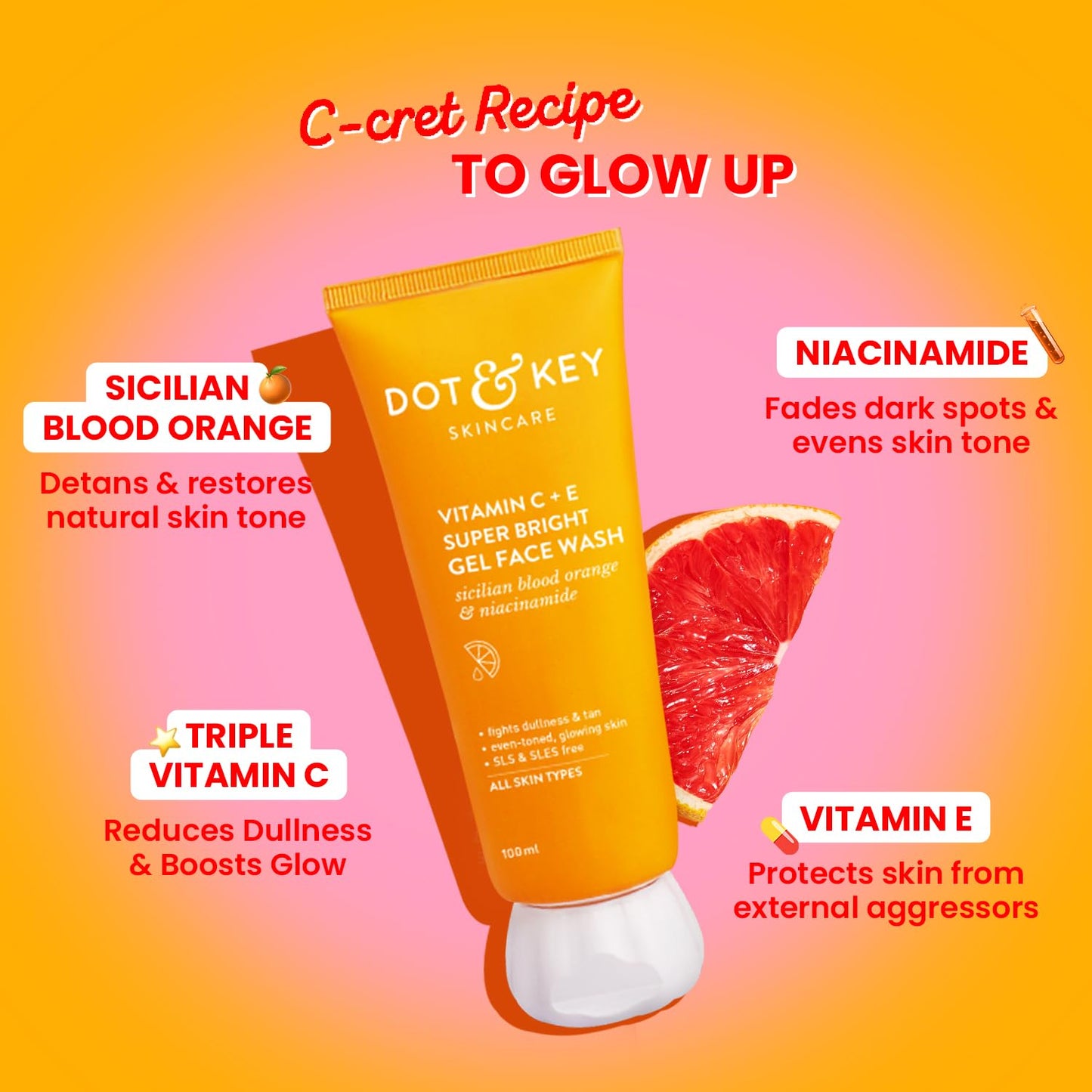 DermaGlow Vitamin C & E Brightening Gel Face Wash for Radiant and Glowing Skin | Triple Vitamin C | For All Skin Types | 100 ml